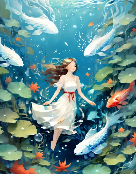 A girl wearing a white dress lay calmly in the blue sea with her eyes closed. The water was shimmering with blue waves. Her skin...