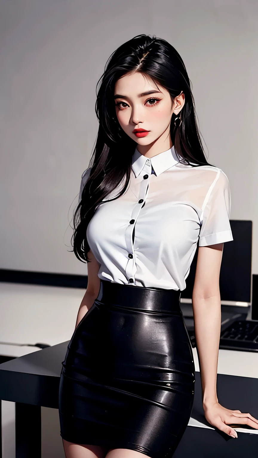 8k, ultra-detailed, high-quality, beautiful office woman, slender figure, elegant office clothes, office siren look, dark black long hair in clip, siren seductive eyes, red lipstick, smokey eye korean makeup, dainty jewellery, in the office, white short sleeve shirt, black high waisted pencil skirt, dotted nylons