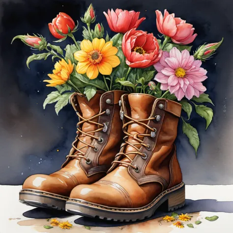 flowers in boots, illustration, super realistic style, watercolor, trending on artstation, sharp focus, studio photo, intricate ...