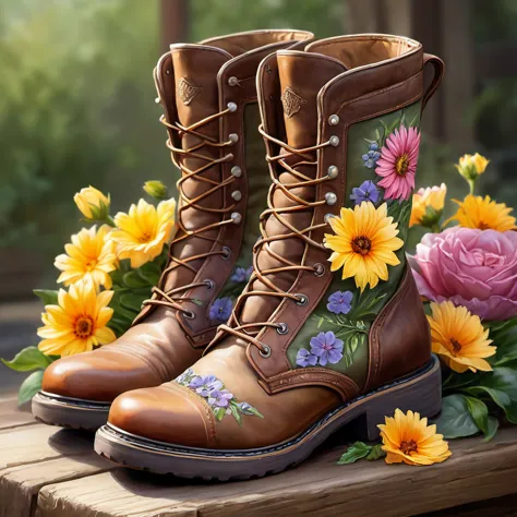 flowers in boots, illustration, super realistic style, watercolor, trending on artstation, sharp focus, studio photo, intricate ...