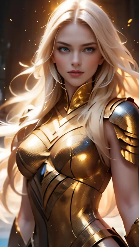 blonde with long hair in golden armor 