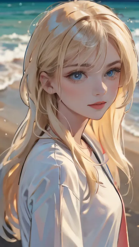 blonde with long hair on the seashore