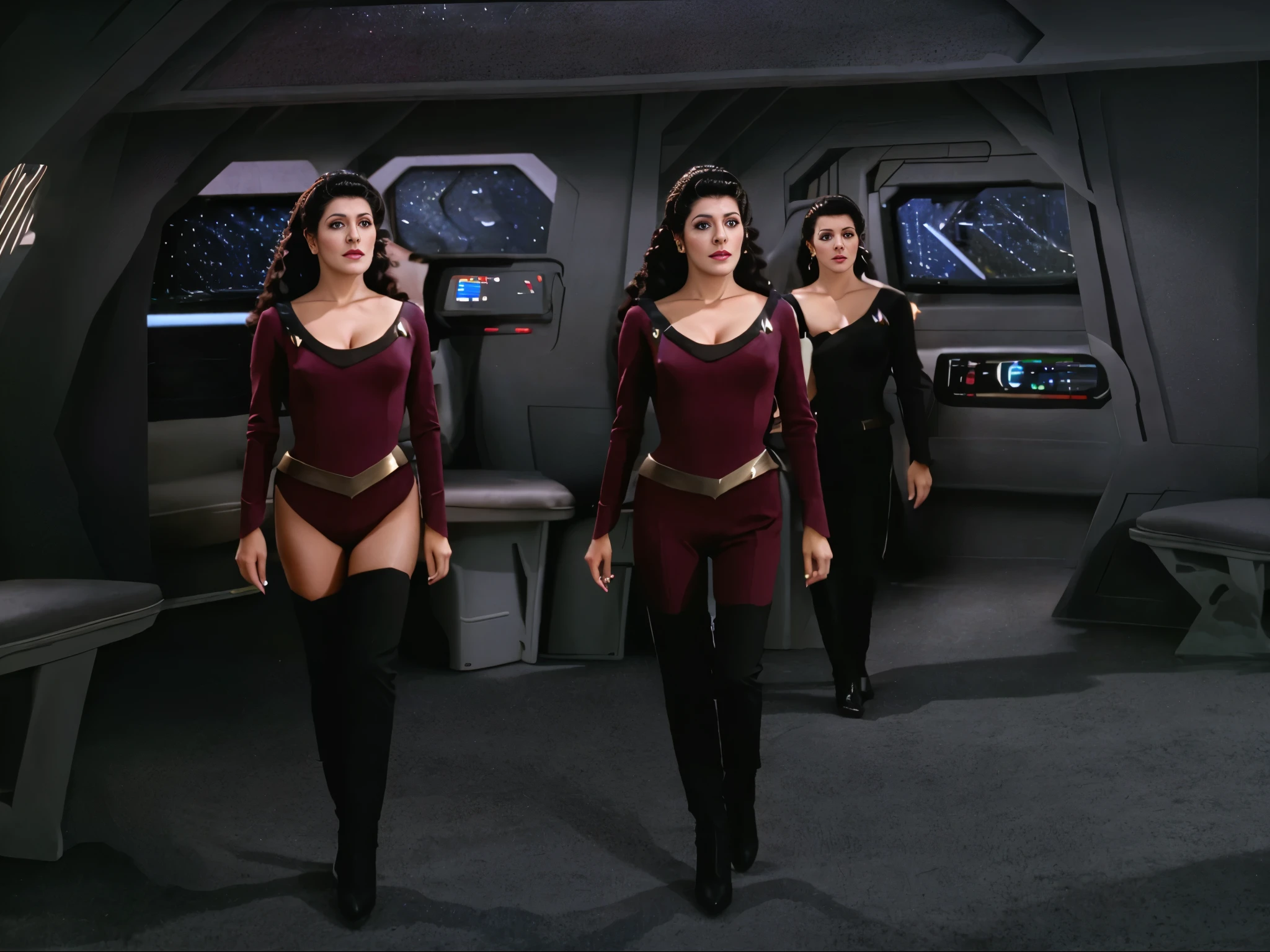 Three women in star trek uniforms are standing in a room - SeaArt AI