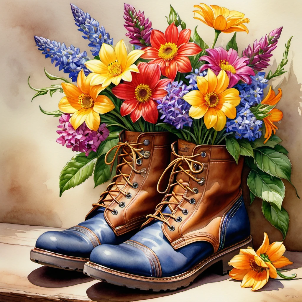 (best quality, ultra-detailed), flowers in boots, realistic illustration, watercolor, trending on ArtStation, sharp focus, studio lighting, intricate details, highly detailed, by Greg Rutkow, vibrant colors