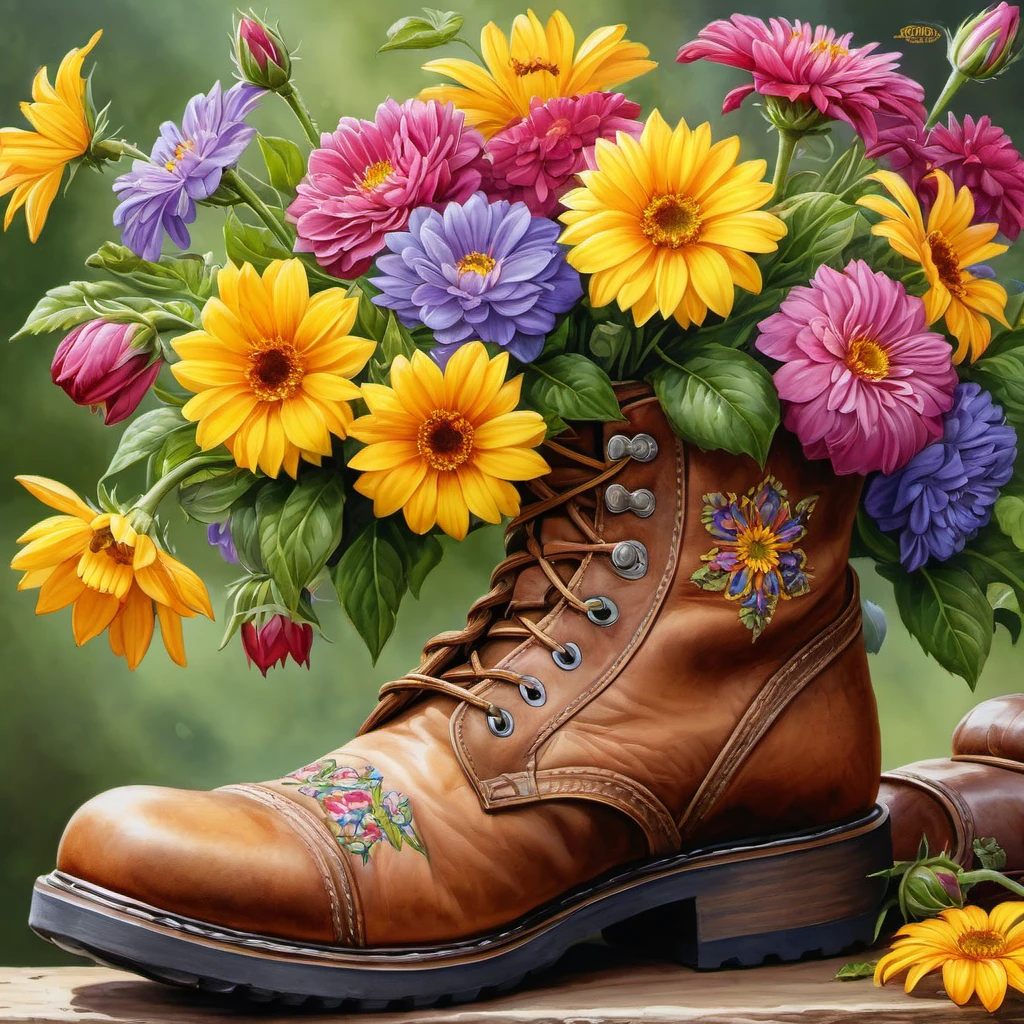 (best quality, ultra-detailed), flowers in boots, realistic illustration, watercolor, trending on ArtStation, sharp focus, studio lighting, intricate details, highly detailed, by Greg Rutkow, vibrant colors