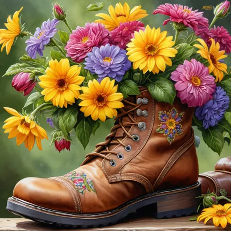 (best quality, ultra-detailed), flowers in boots, realistic illustration, watercolor, trending on artstation, sharp focus, studi...