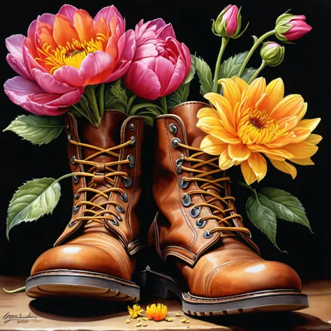 (best quality, ultra-detailed), flowers in boots, realistic illustration, watercolor, trending on artstation, sharp focus, studi...