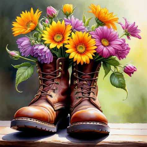 (best quality, ultra-detailed), flowers in boots, realistic illustration, watercolor, trending on artstation, sharp focus, studi...