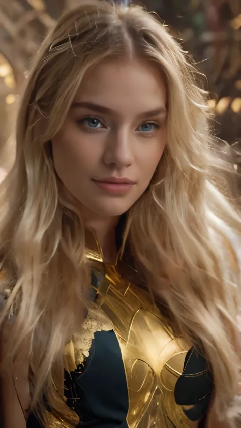 blonde with long hair in golden armor 