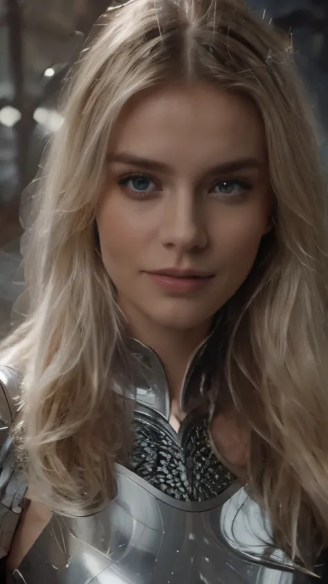 blonde with long hair in silver armor