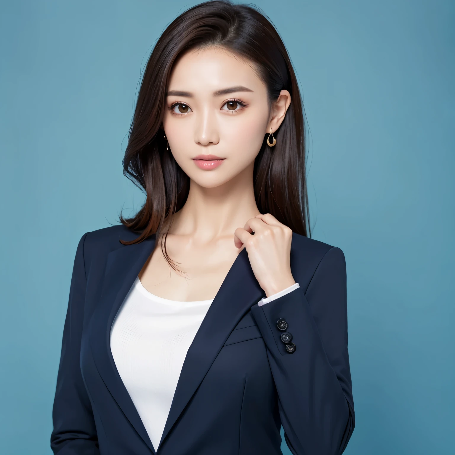 (highest quality、table top、8K、best image quality、Award-winning work)、1 beautiful woman、straight medium hair、(perfect dark navy suit:1.4)、(The most accurate and natural business suit:1.4)、Polyester shirt、emphasize body line、perfect composition、beautiful and detailed eyes、look at me and smile、(Photo above the chest:1.2)、(a woman perfectly centered:1.1)、(Please look at me:1.1)、elegant makeup、Ultra high definition beauty face、ultra high definition hair、Super high-definition sparkling eyes、Super high resolution glossy lips、accurate anatomy、very beautiful skin、Super high-definition glowing beautiful skin、(solid blue background:1.3)、(Stand upright facing straight ahead:1.3)、(accurate anatomy:1.1)