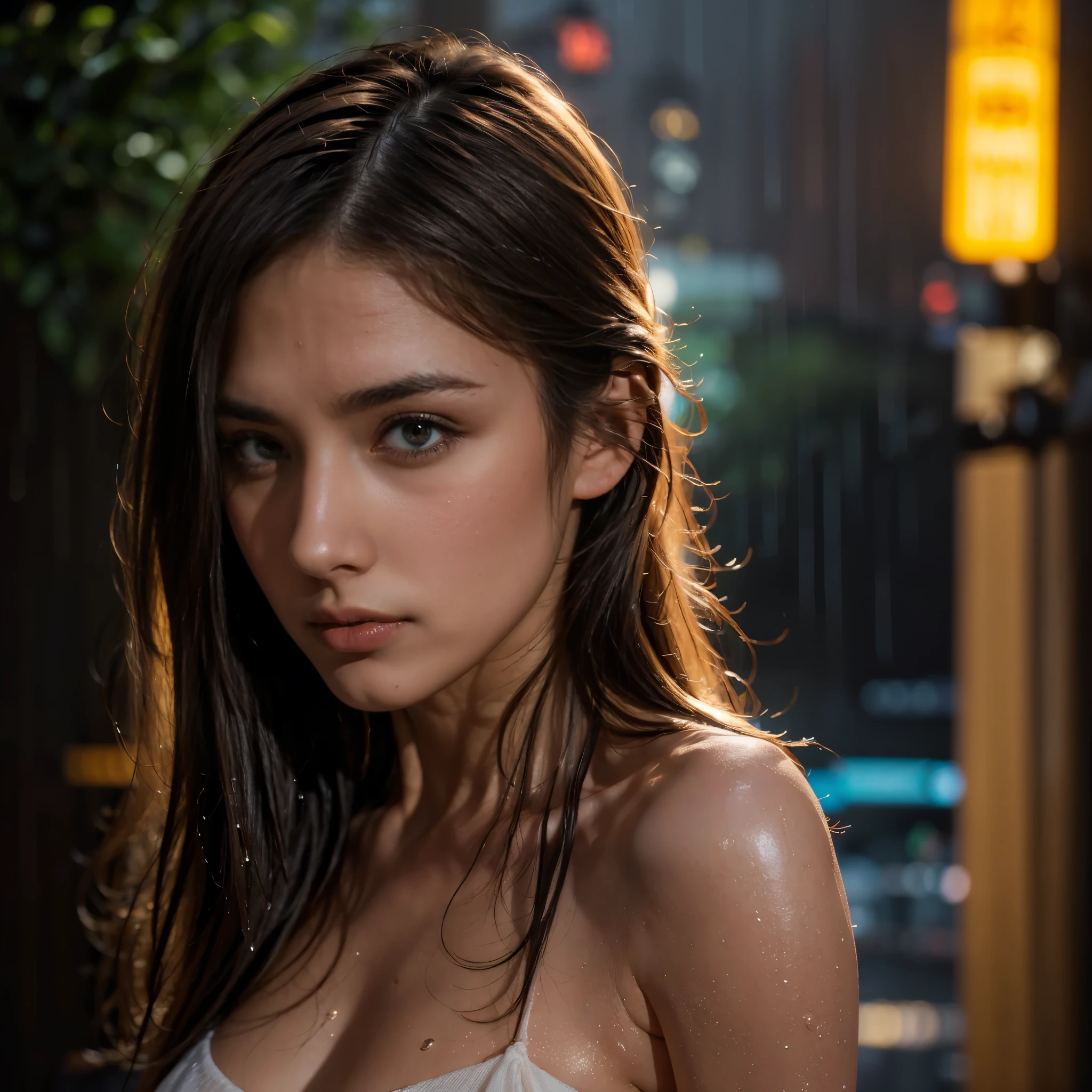 photo of a sexy woman, neon lights, late at night, in the ((rain)), very long brown wet hair, cinematic, shallow depth of field, extremely detailed, (Masterpiece:1.3), (best quality:1.3), (natural skin texture, hyperrealism, soft light, muted colors), background