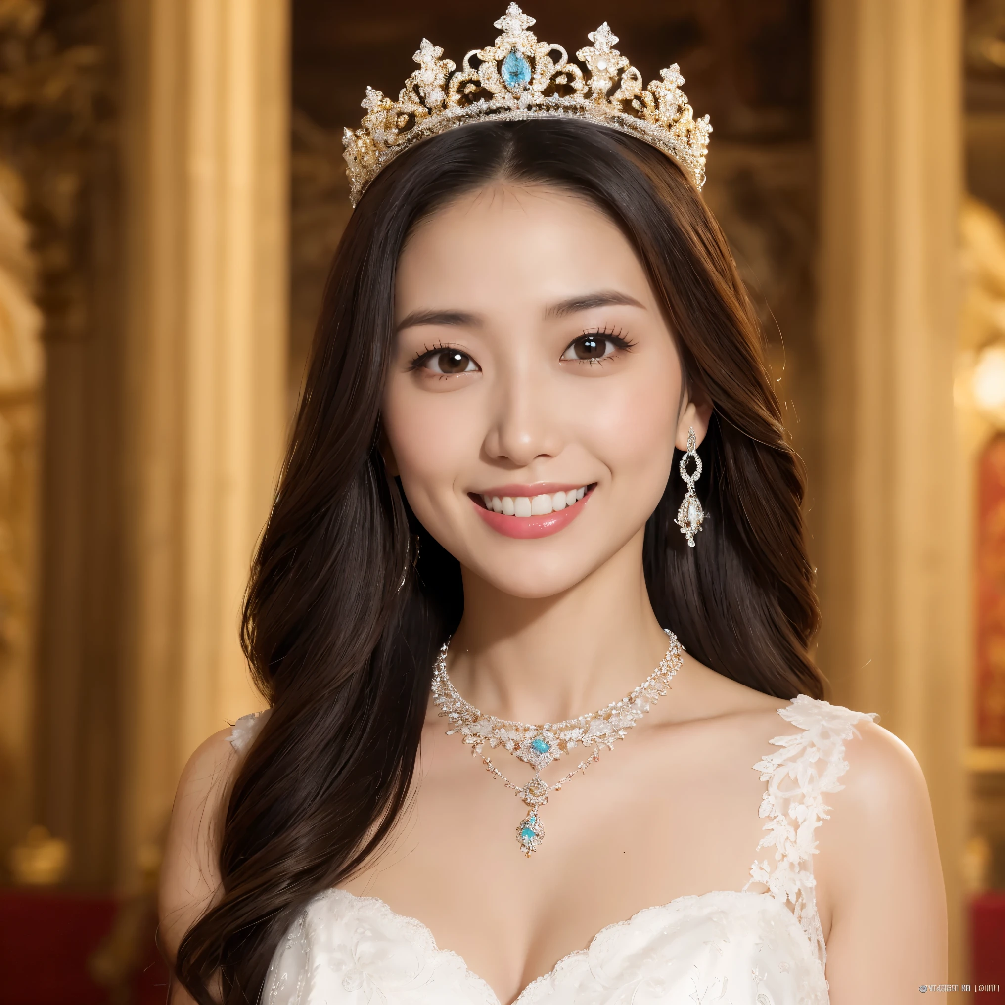 (table top、highest quality、8K、Award-winning work、ultra high resolution)、one beautiful bride、(perfect superlative huge wedding dress:1.1)、(Luxury wedding dress with plenty of jewels:1.1)、(Huge jewelery finest tiara:1.3)、(Huge jewelry finest necklace:1.3)、(perfect wedding lace:1.2)、(Look at me with your best smile:1.2)、(The most luxurious and highest quality giant tiara:1.3)、(The most luxurious and finest giant jewelry necklace:1.3)、(Show your beautiful teeth and smile big:1.1)、(the bride is in front of me、Ensure equal space at the top, Down, and left and right.:1.1)、big breasts、cleavage、emphasize body line、(upper body photo:1.1)、(wedding ceremony in a sacred and noble church:1.1)、(Highly blurred perfect background of the finest luxury church:1.1)、(elegant and gorgeous church:1.1)、accurate anatomy、ultra high definition hair、Ultra high definition beauty face、Shining, ultra high-resolution beautiful skin、ultra high resolutionの艶やかな唇、(Face facing straight ahead:1.1)、(body facing straight ahead:1.1)、(Beautiful skin that shines white:1.3)、(Stand upright facing straight ahead:1.2)、(very bright and vivid:1.3)、(very bright:1.2)、(Strongly blurred background:1.1)