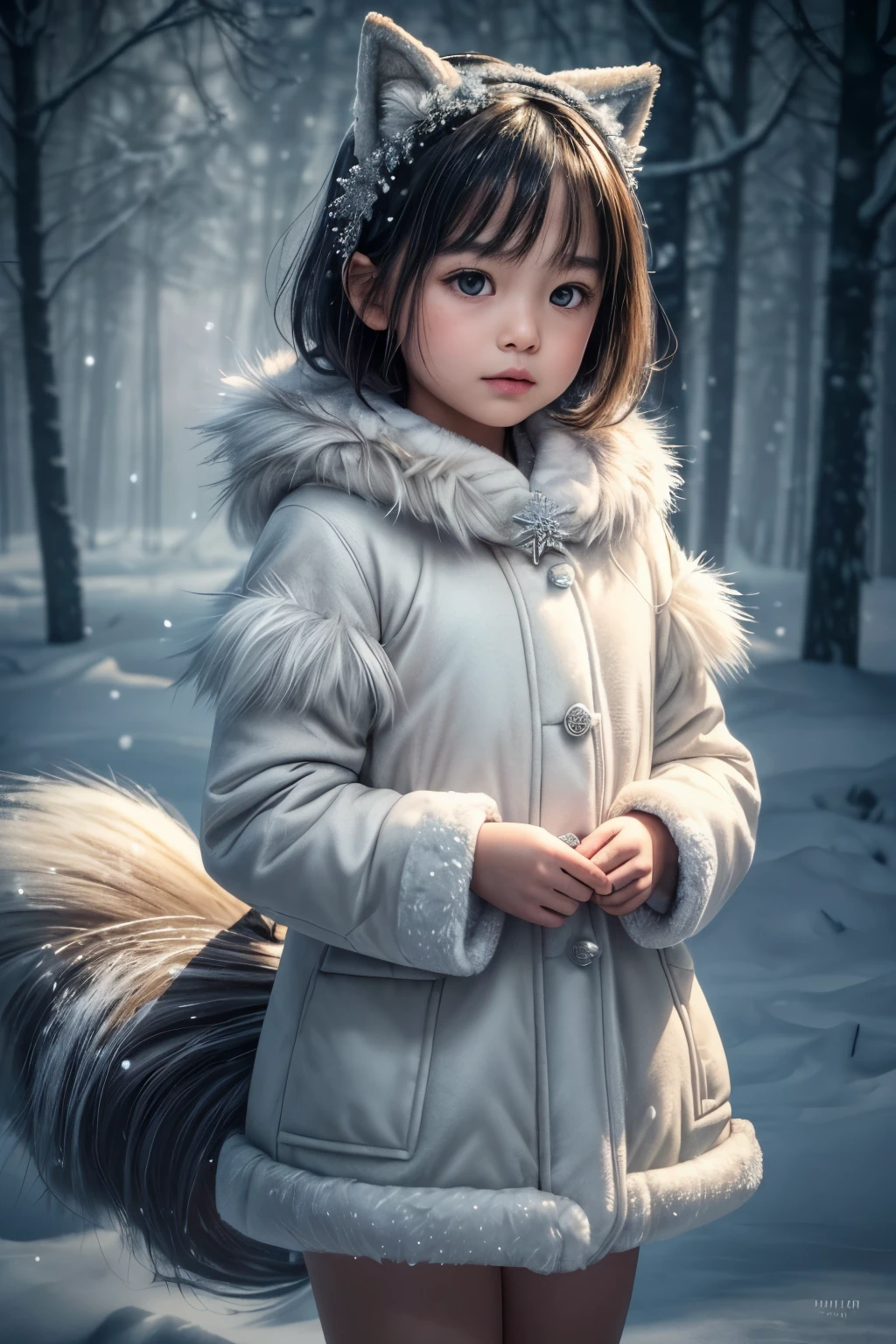 (raw photo:1.2), (photorealistic:1.4), (best quality:1.4), (ultra highres:1.2), (high detail:1.3), (HDR:1.2), (cinematic lighting:1.3), (little girl ), (4 years old), (asian girl), (shoulder length hair), (short hair), eye detail ), (detailed facial features), (fur detail), (snowy background:1.2), cute little fox, standing pose, ( 3/4 body portrait:1.2), (fluffy tail:1.2), (soft fur:1.2) , (adorable:1.2), (looking at the viewer), (innocent expression), (soft lighting), (dreamlike), ( fantasylike:1.3), (ethereal:1.3), (magic:1.2), (dream forest), (snowflake:1.2), (winter wonderland:1.3), (strange:1.2), (playful: 1.2).
