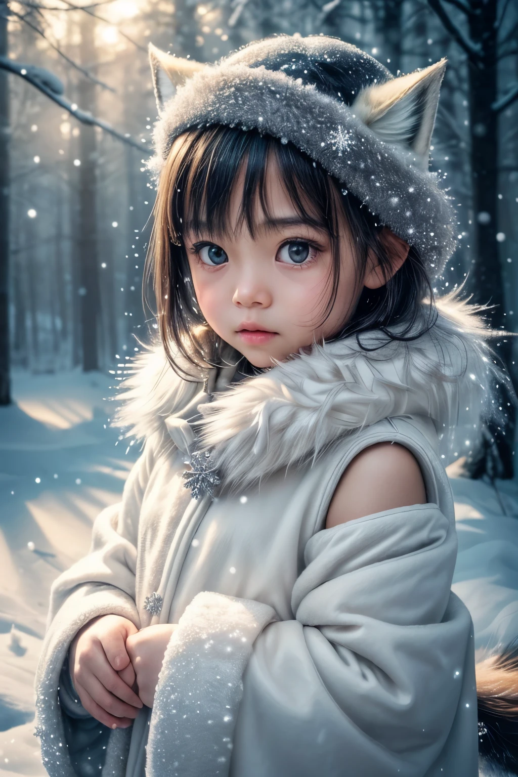 (raw photo:1.2), (photorealistic:1.4), (best quality:1.4), (ultra highres:1.2), (high detail:1.3), (HDR:1.2), (cinematic lighting:1.3), (little girl ), (4 years old), (asian girl), (shoulder length hair), (short hair), eye detail ), (detailed facial features), (fur detail), (snowy background:1.2), cute little fox, standing pose, ( 3/4 body portrait:1.2), (fluffy tail:1.2), (soft fur:1.2) , (adorable:1.2), (looking at the viewer), (innocent expression), (soft lighting), (dreamlike), ( fantasylike:1.3), (ethereal:1.3), (magic:1.2), (dream forest), (snowflake:1.2), (winter wonderland:1.3), (strange:1.2), (playful: 1.2).