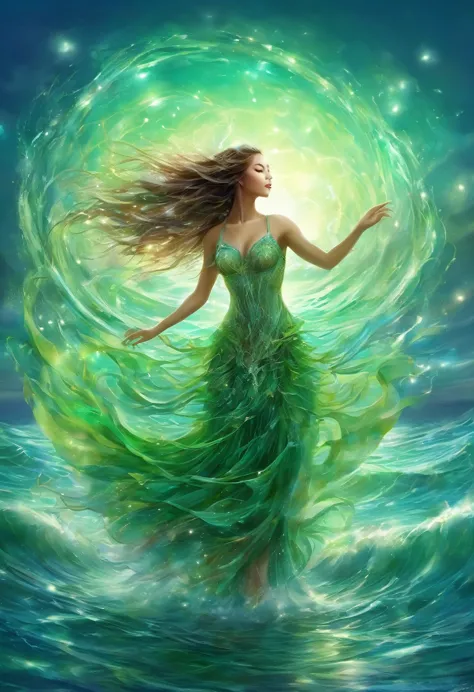 Dance of the Ocean, Goddess of Water(individual) elegant long hair(Basket green gradient) Dancing in the sea breeze and rolling ...