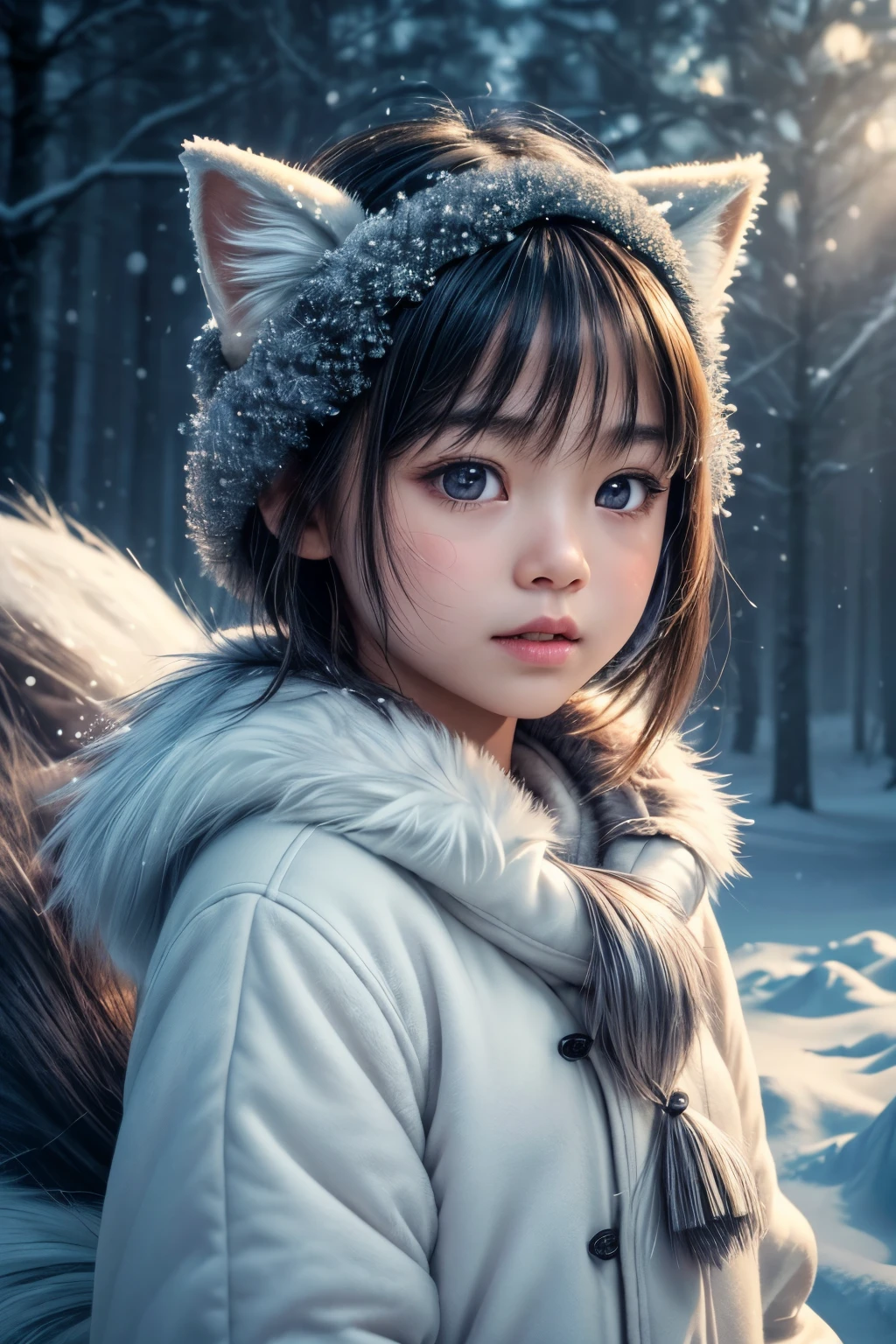 (raw photo:1.2), (photorealistic:1.4), (best quality:1.4), (ultra highres:1.2), (high detail:1.3), (HDR:1.2), (cinematic lighting:1.3), (little girl ), (4 years old), (asian girl), (shoulder length hair), (short hair), eye detail ), (detailed facial features), (fur detail), (snowy background:1.2), cute little fox, standing pose, ( 3/4 body portrait:1.2), (fluffy tail:1.2), (soft fur:1.2) , (adorable:1.2), (looking at the viewer), (innocent expression), (soft lighting), (dreamlike), ( fantasylike:1.3), (ethereal:1.3), (magic:1.2), (dream forest), (snowflake:1.2), (winter wonderland:1.3), (strange:1.2), (playful: 1.2).