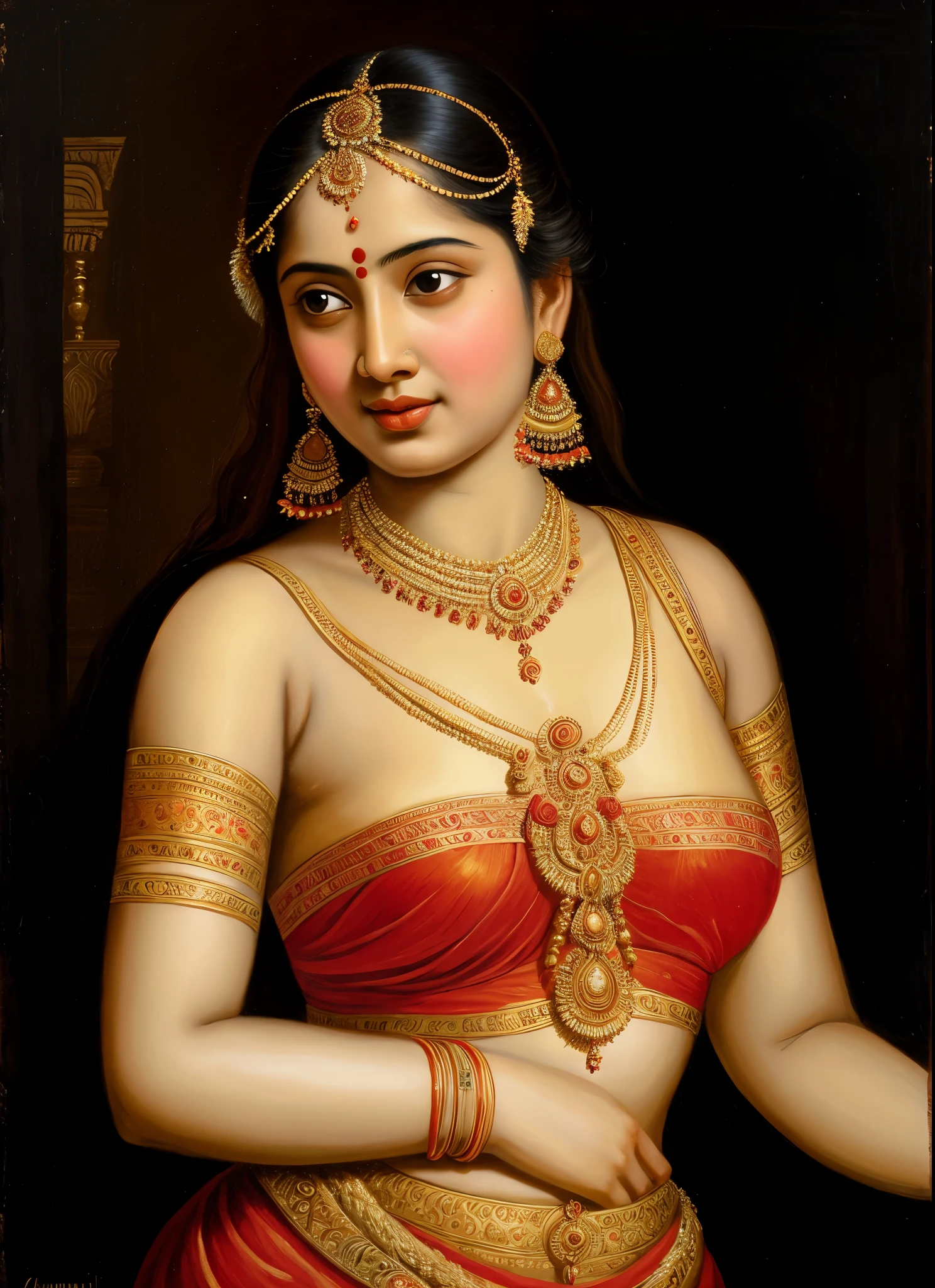 une peinture à l&#39;huile de "Shakuntala" le célèbre personnage féminin mythologique d&#39;une beauté exceptionnelle, Apsara, Mohini, Cheminées, basé sur la mythologie hindoue dans le style de peinture Raja Ravi Varma, dans le style de la peinture baroque, Art académique du XIXe siècle, oviyar maruthi , art indien exotique, Peinture d&#39;Oviyar Maruthi, 