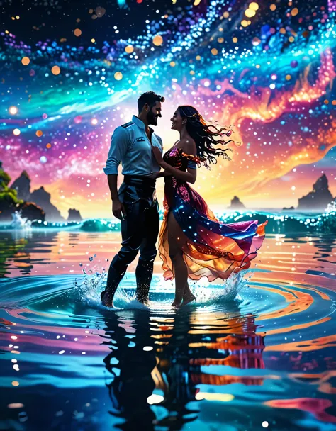 (best quality,8k,realistic),abstract, fantasy, sci-fi, space, people dancing on the sea surface,man and woman, detailed water re...