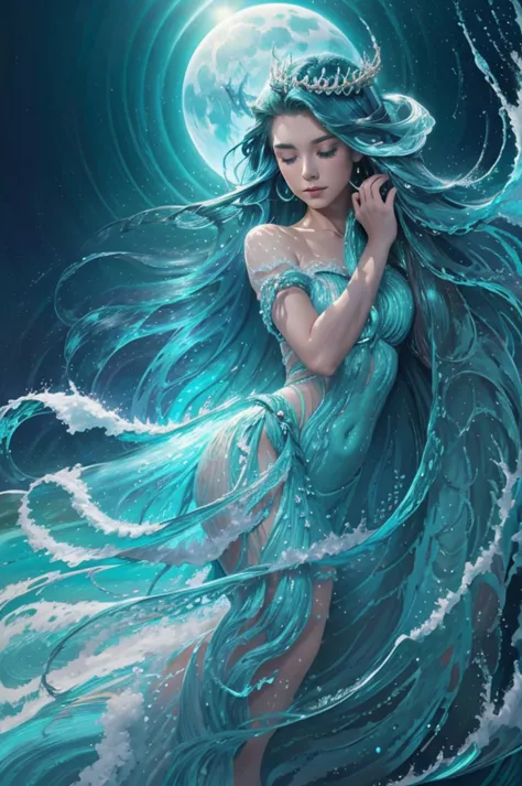 Dance of the Ocean, Goddess of Water(individual) elegant long hair(Basket green gradient) Dancing in the sea breeze and rolling ...