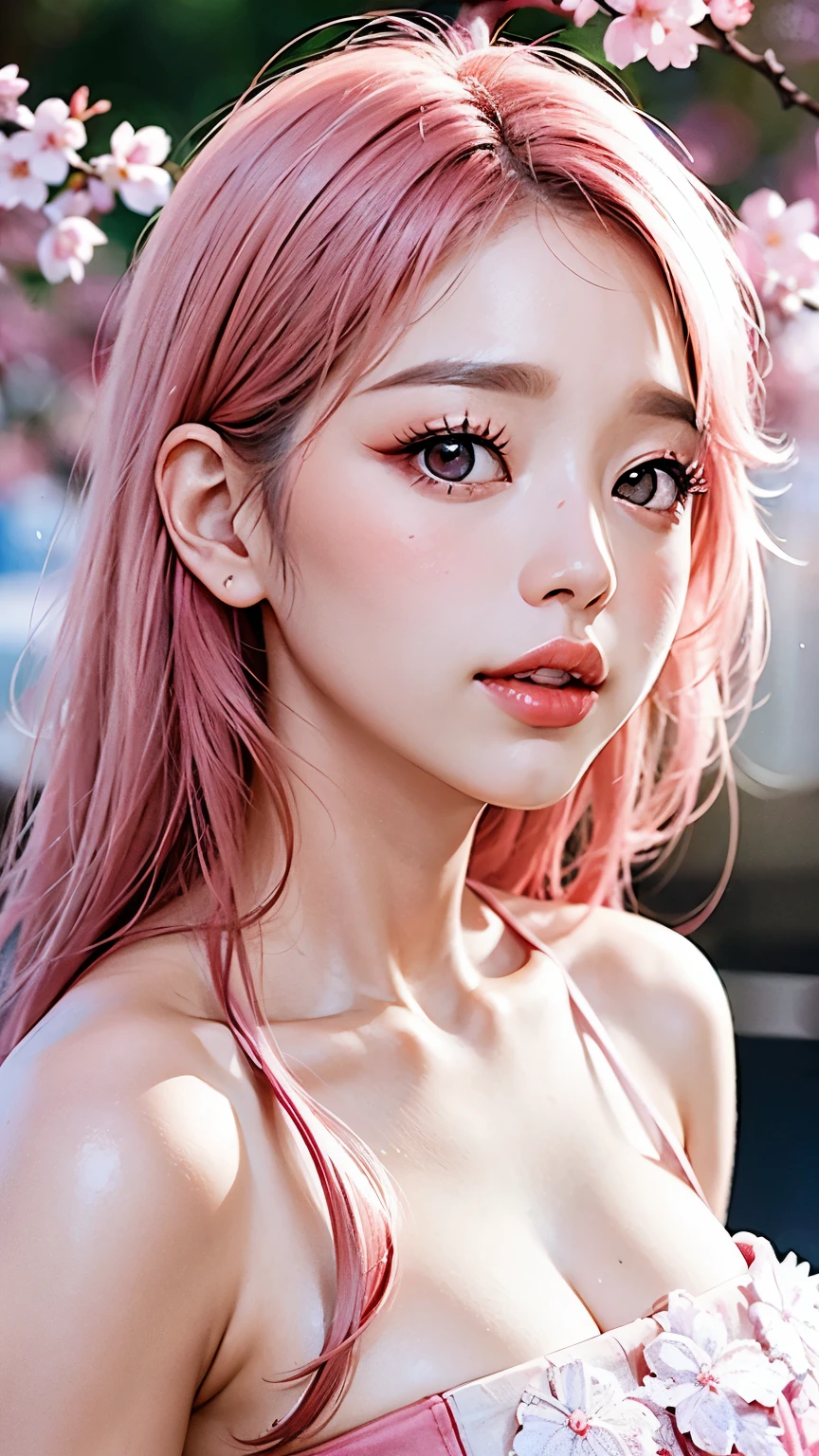 pink korean cherry blossom elegant makeup, pink and white colours
