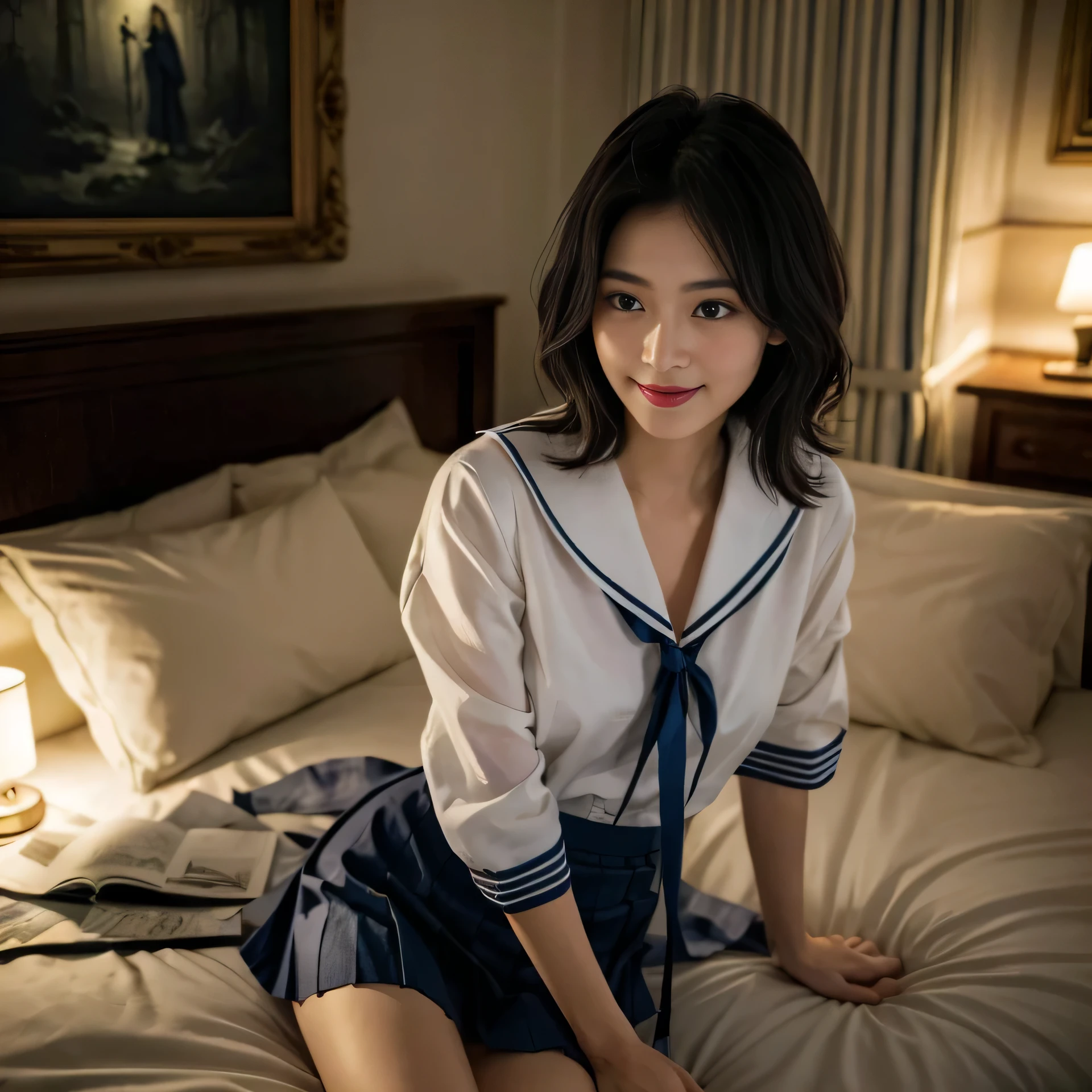 highest quality, face focus, (written boundary depth) ,ultra high resolution, (realistic:1.4), Raw photo, (portrait:1.4)(Sailor suits and skirts:1.4)1 Japanese girl, alone, cute, smile, (brown eyes), natural face, (with medium length haircut,) (in a dimly lit room) (There is only a single bed,) (do something revealing about yourself,) (At night,) (erotic, enchanting atmosphere:1.55)
