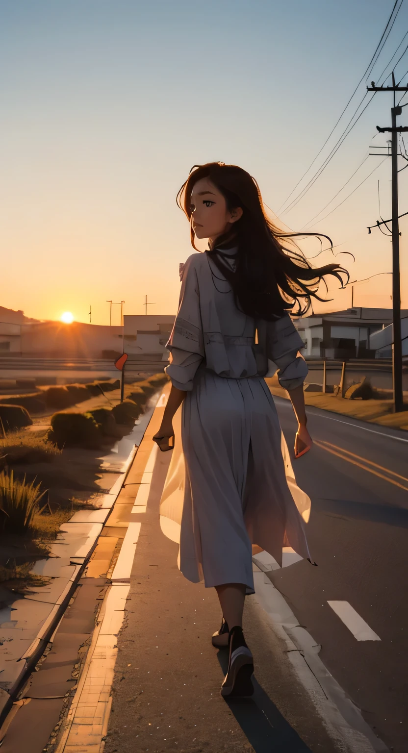 Araped woman with long hair walking down the street at sunset, style of Alena Anami, Ahead of sunset, beautiful girl on the horizon, Walking away from the camera, Walking away from the camera, at sunset, at sunset Turn your head 뒤돌아 보는 소녀((Turn your head)), artistic. Alena Anami, Alena Anami(Alena Anami)inspired work, Taken during golden hour, watching the sunset