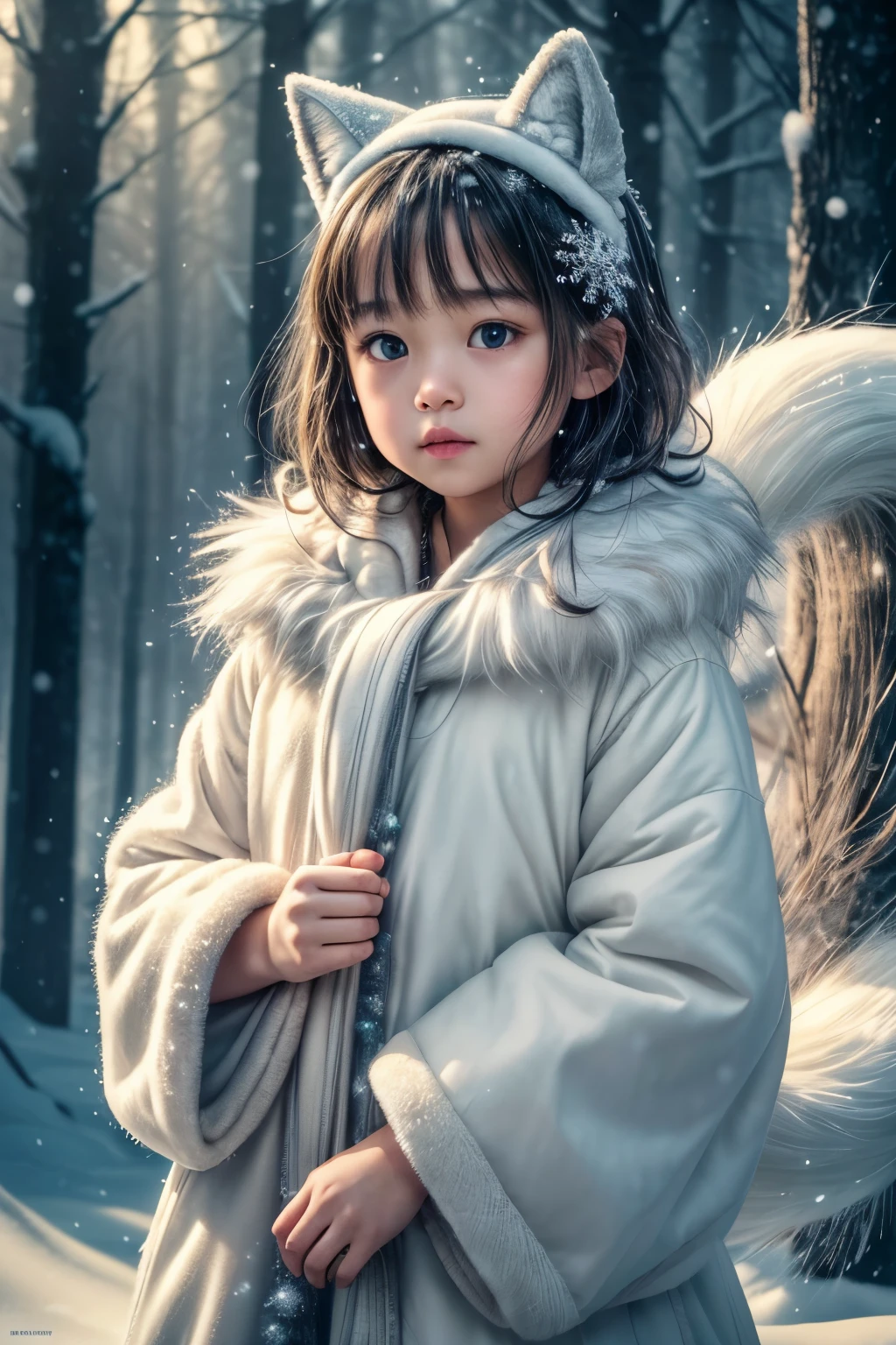 (raw photo:1.2), (photorealistic:1.4), (best quality:1.4), (ultra highres:1.2), (high detail:1.3), (HDR:1.2), (cinematic lighting:1.3), (little girl ), (4 years old), (asian girl), (shoulder length hair), (short hair), eye detail ), (detailed facial features), (fur detail), (snowy background:1.2), cute little fox, standing pose, ( 3/4 body portrait:1.2), (fluffy tail:1.2), (soft fur:1.2) , (adorable:1.2), (looking at the viewer), (innocent expression), (soft lighting), (dreamlike), ( fantasylike:1.3), (ethereal:1.3), (magic:1.2), (dream forest), (snowflake:1.2), (winter wonderland:1.3), (strange:1.2), (playful: 1.2).