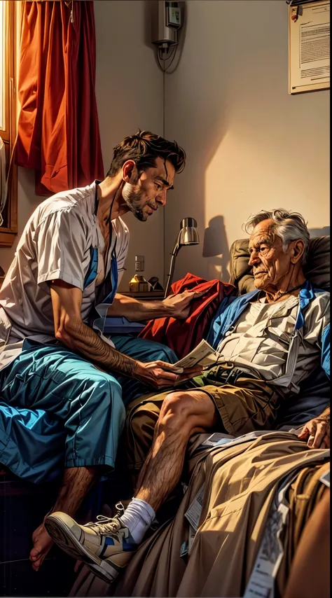 An elderly man in a hospital bed is given a book by a younger man