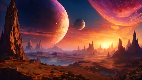 a magnificent sunset on a strange and mysterious planete. It's very textured and detailed with dreaming lot of multicolored