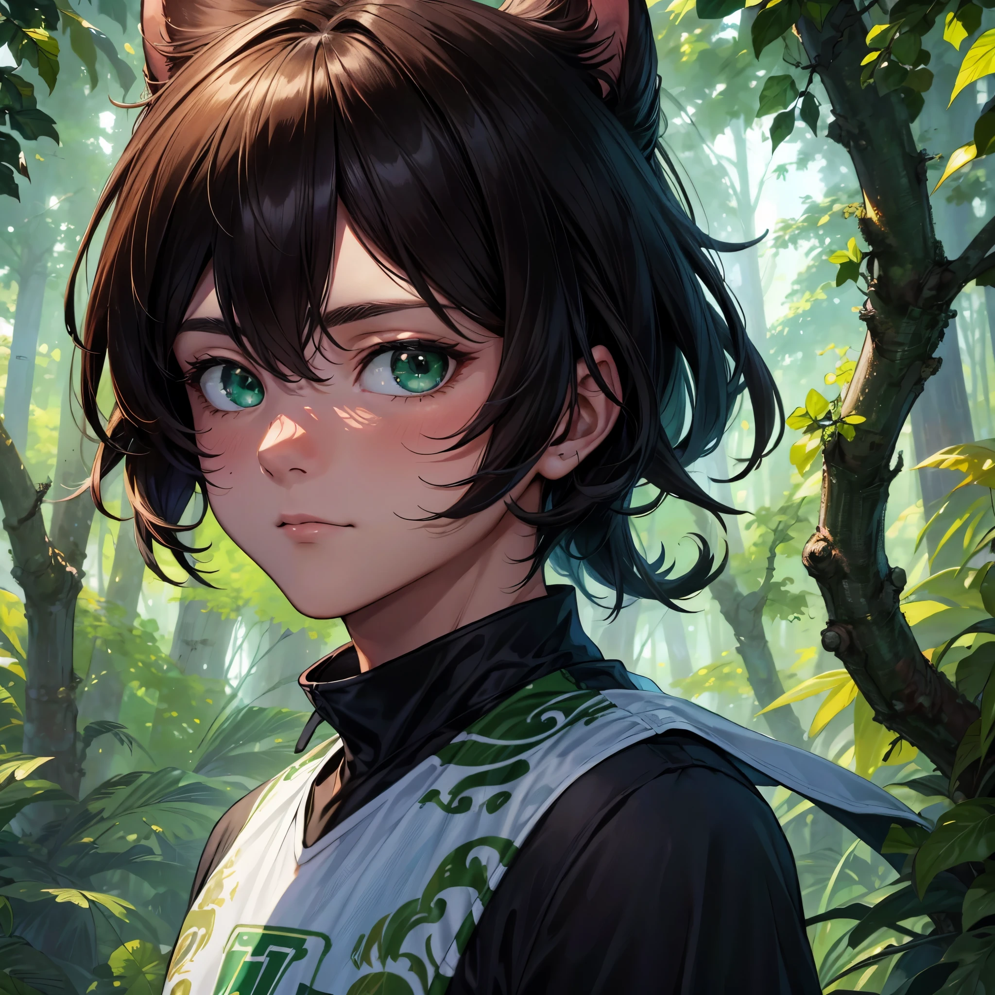 (best quality,4k,8k,highres,masterpiece:1.2), ultra-detailed, 1boy, masculino, soccer uniform, green eyes, inside the forest,