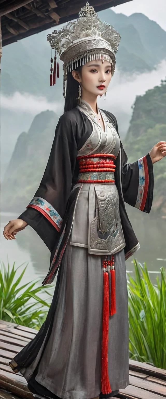 (best quality,8K,masterpiece:1.2),landscape background，Lijiang River mist and rain，Beautiful karst landforms，Astonishing,Inspired by the myths and legends of Guilin, China:Liu Sanjie，Gorgeous Chinese girl,Queen,Detailed skin details,Bright Eyes,Gorgeous eyelashes,barefoot,Stand on a bamboo raft,Dance alone,looking at the audience,minority:1.5,Silver jewelry:1.2,silver hat crown:1.5,silver tassel:1.37,silver necklace,Silver texture,brilho prata,Upper body,long sleeve,dark ethnic wear,long skirt:1.2,waist,Black and red linen fabric details,Characteristics of Miao costumes,totem)