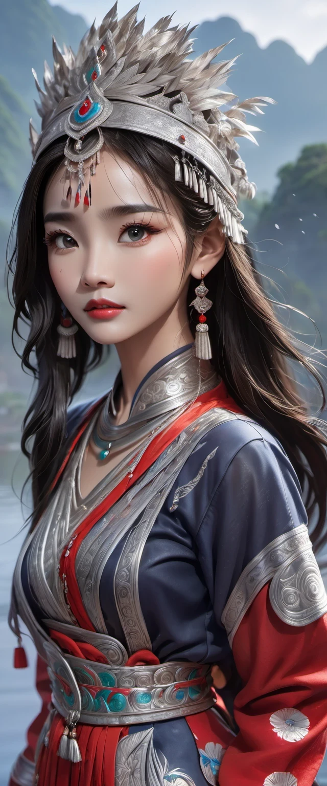 (best quality,8K,masterpiece:1.2),landscape background，Lijiang River mist and rain，Beautiful karst landforms，Astonishing,Inspired by the myths and legends of Guilin, China:Liu Sanjie，Gorgeous Chinese girl,Queen,Detailed skin details,Bright Eyes,Gorgeous eyelashes,barefoot,Stand on a bamboo raft,Dance alone,looking at the audience,minority:1.5,Silver jewelry:1.2,silver hat crown:1.5,silver tassel:1.37,silver necklace,Silver texture,brilho prata,Upper body,long sleeve,dark ethnic wear,long skirt:1.2,waist,Black and red linen fabric details,Characteristics of Miao costumes,totem)