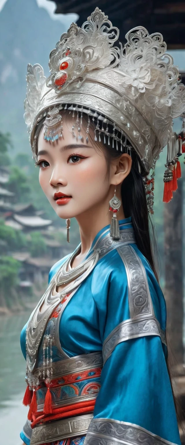 (best quality,8K,masterpiece:1.2),landscape background，Lijiang River mist and rain，Beautiful karst landforms，Astonishing,Inspired by the myths and legends of Guilin, China:Liu Sanjie，Gorgeous Chinese girl,Queen,Detailed skin details,Bright Eyes,Gorgeous eyelashes,Dance alone,looking at the audience,minority:1.5,Silver jewelry:1.2,silver hat crown:1.5,silver tassel:1.37,silver necklace,Silver texture,brilho prata,Upper body,long sleeve,dark ethnic wear,long skirt:1.2,waist,Black and red linen fabric details,Characteristics of Miao costumes,totem)