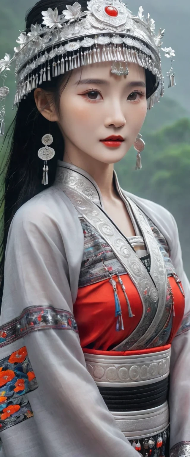 (best quality,8K,masterpiece:1.2),landscape background，Lijiang River mist and rain，Beautiful karst landforms，Astonishing,Inspired by the myths and legends of Guilin, China:Liu Sanjie，Gorgeous Chinese girl,Queen,Detailed skin details,Bright Eyes,Gorgeous eyelashes,Dance alone,looking at the audience,minority:1.5,Silver jewelry:1.2,silver hat crown:1.5,silver tassel:1.37,silver necklace,Silver texture,brilho prata,Upper body,long sleeve,dark ethnic wear,long skirt:1.2,waist,Black and red linen fabric details,Characteristics of Miao costumes,totem)