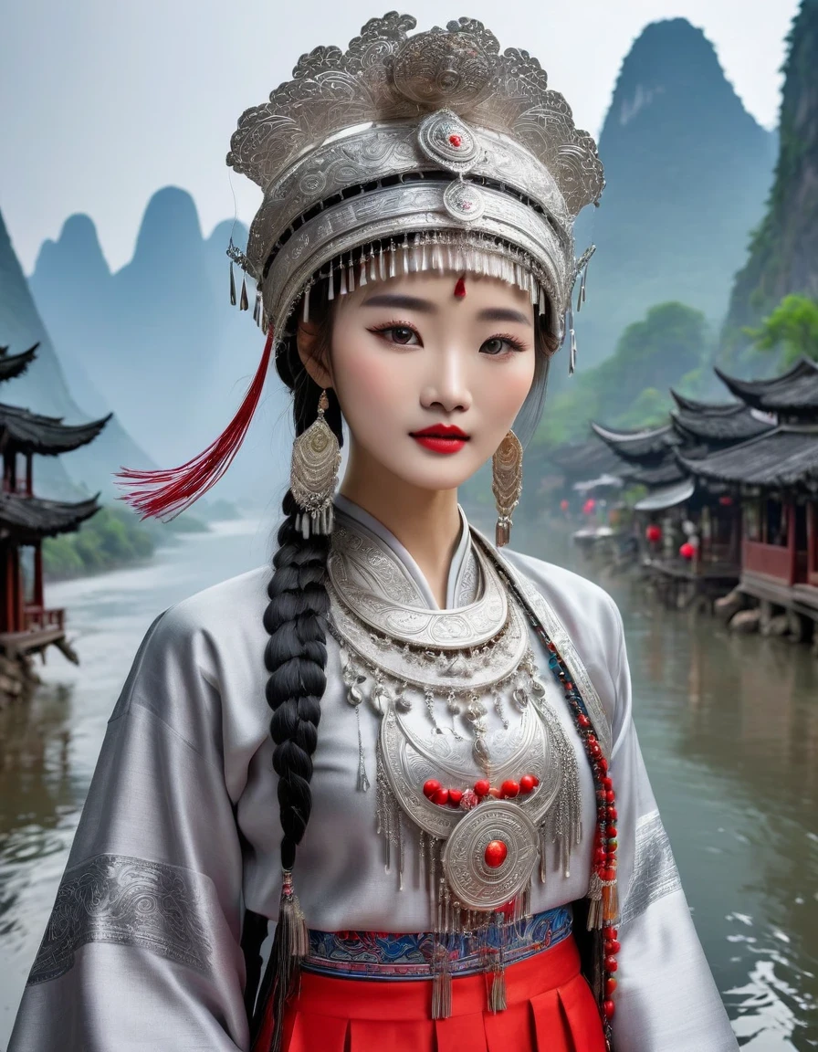 (best quality,8K,masterpiece:1.2),landscape background，Lijiang River mist and rain，Beautiful karst landforms，Astonishing,Inspired by the myths and legends of Guilin, China:Liu Sanjie，Gorgeous Chinese girl,Queen,Detailed skin details,Bright Eyes,Gorgeous eyelashes,Dance alone,looking at the audience,minority:1.5,Silver jewelry:1.2,silver hat crown:1.5,silver tassel:1.37,silver necklace,Silver texture,brilho prata,Upper body,long sleeve,dark ethnic wear,long skirt:1.2,waist,Black and red linen fabric details,Characteristics of Miao costumes,totem)