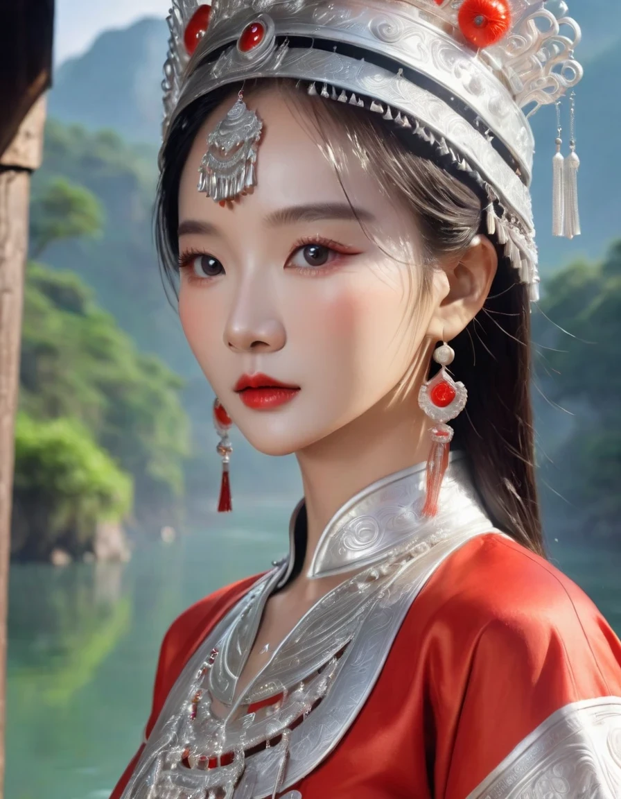 (best quality,8K,masterpiece:1.2),landscape background，Lijiang River mist and rain，Beautiful karst landforms，Astonishing,Inspired by the myths and legends of Guilin, China:Liu Sanjie，Gorgeous Chinese girl,Queen,Detailed skin details,Bright Eyes,Gorgeous eyelashes,Dance alone,looking at the audience,minority:1.5,Silver jewelry:1.2,silver hat crown:1.5,silver tassel:1.37,silver necklace,Silver texture,brilho prata,Upper body,long sleeve,dark ethnic wear,long skirt:1.2,waist,Black and red linen fabric details,Characteristics of Miao costumes,totem)