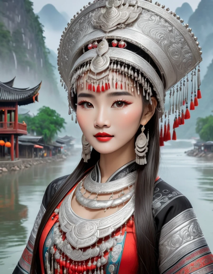 (best quality,8K,masterpiece:1.2),landscape background，Lijiang River mist and rain，Beautiful karst landforms，Astonishing,Inspired by the myths and legends of Guilin, China:Liu Sanjie，Gorgeous Chinese girl,Queen,Detailed skin details,Bright Eyes,Gorgeous eyelashes,Dance alone,looking at the audience,minority:1.5,Silver jewelry:1.2,silver hat crown:1.5,silver tassel:1.37,silver necklace,Silver texture,brilho prata,Upper body,long sleeve,dark ethnic wear,long skirt:1.2,waist,Black and red linen fabric details,Characteristics of Miao costumes,totem)

