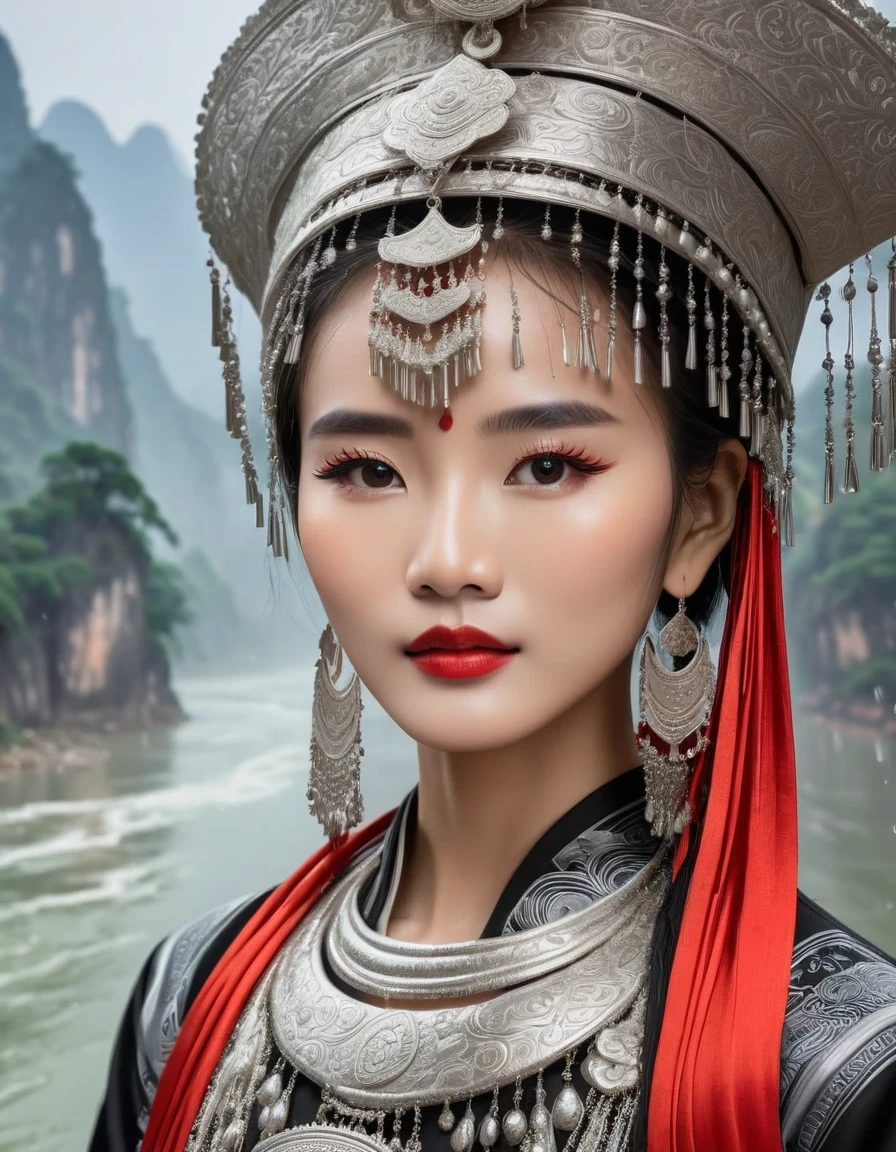 (best quality,8K,masterpiece:1.2),landscape background，Lijiang River mist and rain，Beautiful karst landforms，Astonishing,Inspired by the myths and legends of Guilin, China:Liu Sanjie，Gorgeous Chinese girl,Queen,Detailed skin details,Bright Eyes,Gorgeous eyelashes,Dance alone,looking at the audience,minority:1.5,Silver jewelry:1.2,silver hat crown:1.5,silver tassel:1.37,silver necklace,Silver texture,brilho prata,Upper body,long sleeve,dark ethnic wear,long skirt:1.2,waist,Black and red linen fabric details,Characteristics of Miao costumes,totem)