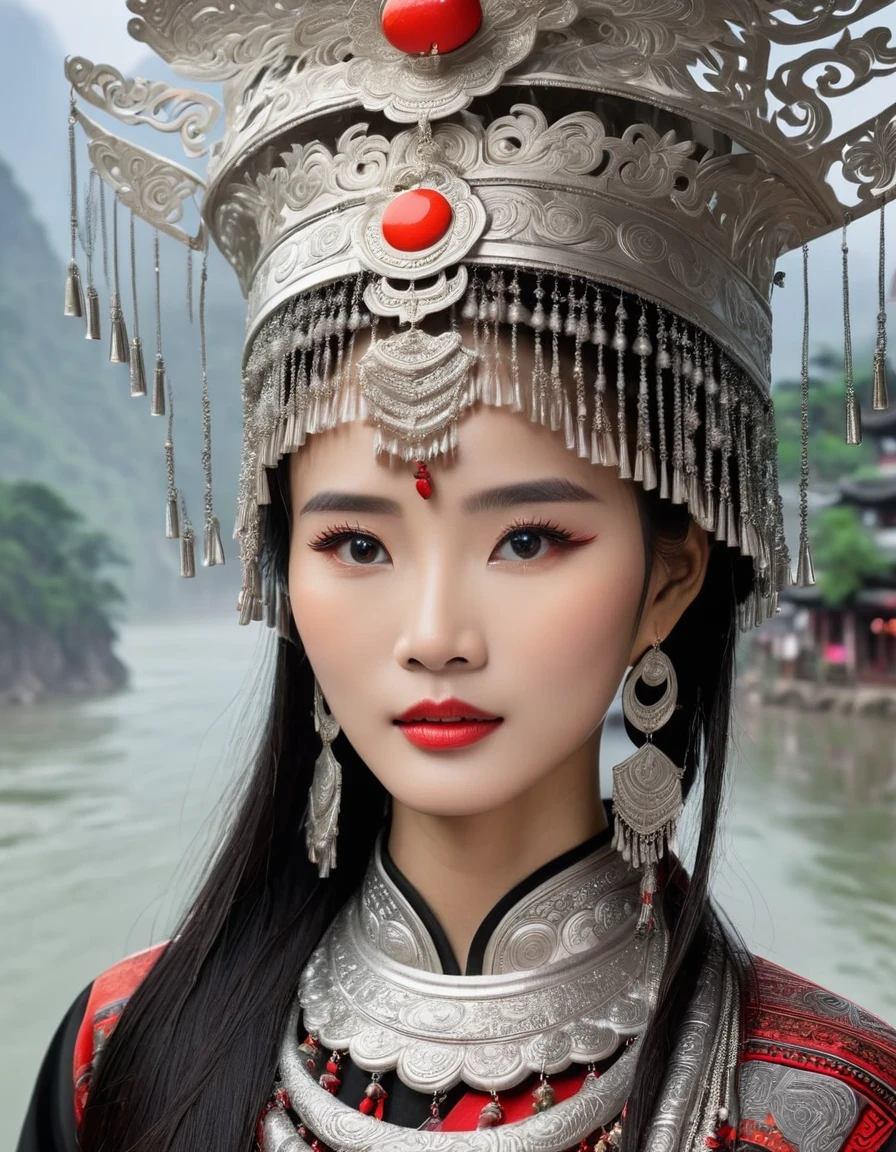 (best quality,8K,masterpiece:1.2),landscape background，Lijiang River mist and rain，Beautiful karst landforms，Astonishing,Inspired by the myths and legends of Guilin, China:Liu Sanjie，Gorgeous Chinese girl,Queen,Detailed skin details,Bright Eyes,Gorgeous eyelashes,Dance alone,looking at the audience,minority:1.5,Silver jewelry:1.2,silver hat crown:1.5,silver tassel:1.37,silver necklace,Silver texture,brilho prata,Upper body,long sleeve,dark ethnic wear,long skirt:1.2,waist,Black and red linen fabric details,Characteristics of Miao costumes,totem)