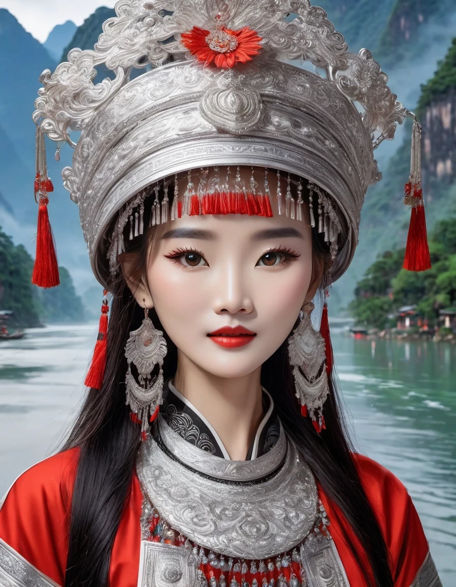 (best quality,8K,masterpiece:1.2),landscape background，Lijiang River mist and rain，Beautiful karst landforms，Astonishing,Inspired by the myths and legends of Guilin, China:Liu Sanjie，Gorgeous Chinese girl,Queen,Detailed skin details,Bright Eyes,Gorgeous eyelashes,Dance alone,looking at the audience,minority:1.5,Silver jewelry:1.2,silver hat crown:1.5,silver tassel:1.37,silver necklace,Silver texture,brilho prata,Upper body,long sleeve,dark ethnic wear,long skirt:1.2,waist,Black and red linen fabric details,Characteristics of Miao costumes,totem)