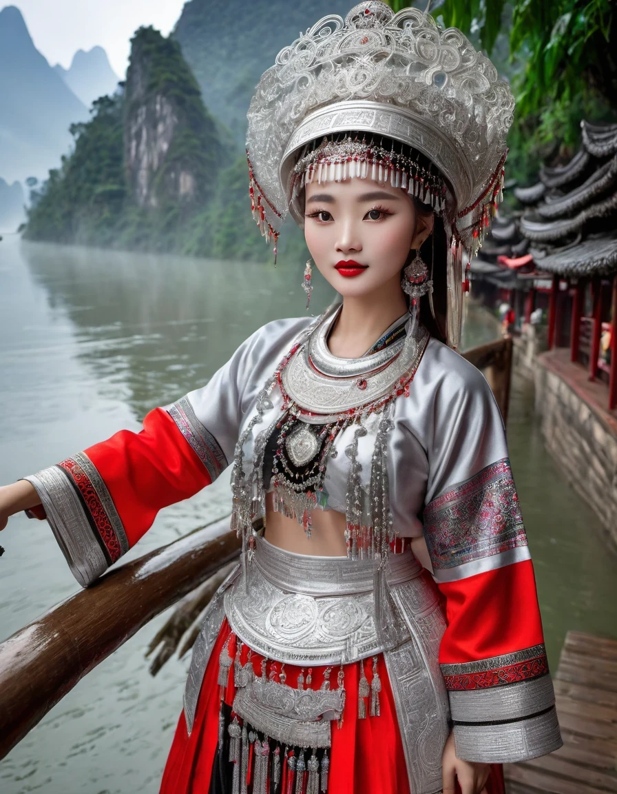 (best quality,8K,masterpiece:1.2),landscape background，Lijiang River mist and rain，Beautiful karst landforms，Astonishing,Inspired by the myths and legends of Guilin, China:Liu Sanjie，Gorgeous Chinese girl,Queen,Detailed skin details,Bright Eyes,Gorgeous eyelashes,Dance alone,looking at the audience,minority:1.5,Silver jewelry:1.2,silver hat crown:1.5,silver tassel:1.37,silver necklace,Silver texture,brilho prata,Upper body,long sleeve,dark ethnic wear,long skirt:1.2,waist,Black and red linen fabric details,Characteristics of Miao costumes,totem)