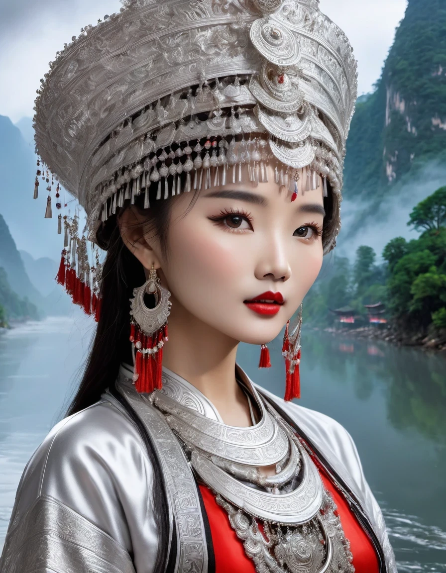 (best quality,8K,masterpiece:1.2),landscape background，Lijiang River mist and rain，Beautiful karst landforms，Astonishing,Inspired by the myths and legends of Guilin, China:Liu Sanjie，Gorgeous Chinese girl,Queen,Detailed skin details,Bright Eyes,Gorgeous eyelashes,Dance alone,looking at the audience,minority:1.5,Silver jewelry:1.2,silver hat crown:1.5,silver tassel:1.37,silver necklace,Silver texture,brilho prata,Upper body,long sleeve,dark ethnic wear,long skirt:1.2,waist,Black and red linen fabric details,Characteristics of Miao costumes,totem)