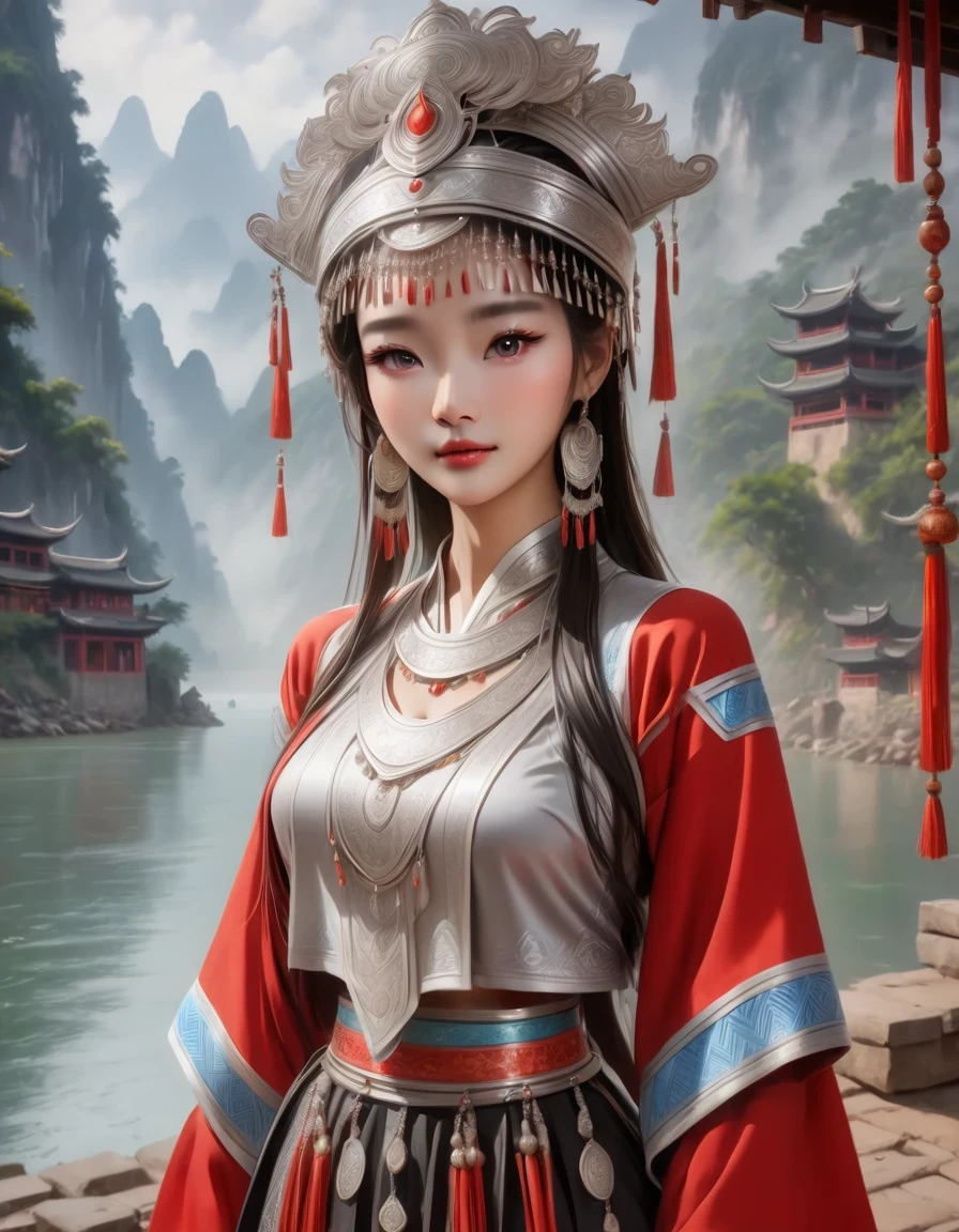 (best quality,8K,masterpiece:1.2),landscape background，Lijiang River mist and rain，Beautiful karst landforms，Astonishing,Inspired by the myths and legends of Guilin, China:Liu Sanjie，Gorgeous Chinese girl,Queen,Detailed skin details,Bright Eyes,Gorgeous eyelashes,Dance alone,looking at the audience,minority:1.5,Silver jewelry:1.2,silver hat crown:1.5,silver tassel:1.37,silver necklace,Silver texture,brilho prata,Upper body,long sleeve,dark ethnic wear,long skirt:1.2,waist,Black and red linen fabric details,Characteristics of Miao costumes,totem)