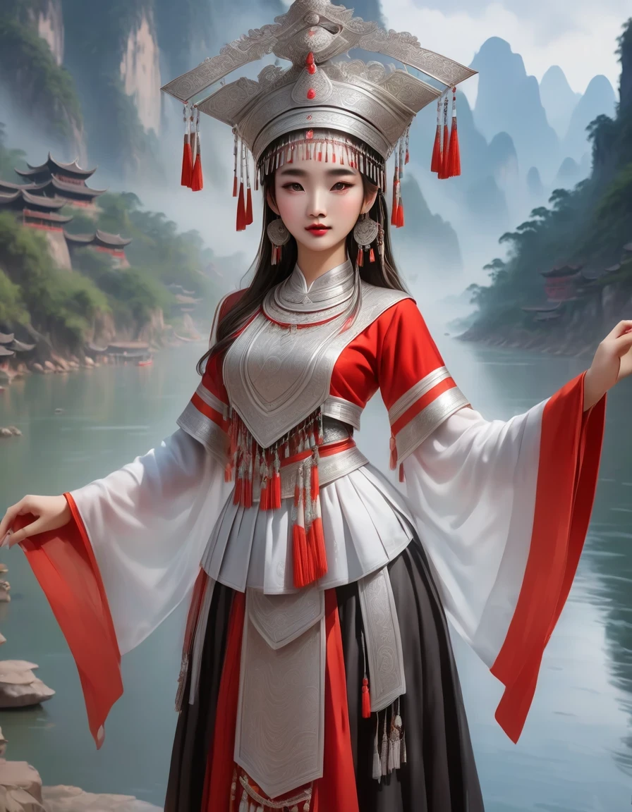 (best quality,8K,masterpiece:1.2),landscape background，Lijiang River mist and rain，Beautiful karst landforms，Astonishing,Inspired by the myths and legends of Guilin, China:Liu Sanjie，Gorgeous Chinese girl,Queen,Detailed skin details,Bright Eyes,Gorgeous eyelashes,Dance alone,looking at the audience,minority:1.5,Silver jewelry:1.2,silver hat crown:1.5,silver tassel:1.37,silver necklace,Silver texture,brilho prata,Upper body,long sleeve,dark ethnic wear,long skirt:1.2,waist,Black and red linen fabric details,Characteristics of Miao costumes,totem)