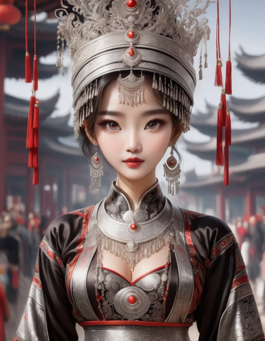 (best quality,8K,masterpiece:1.2),Astonishing,Gorgeous Chinese girl,Queen,Detailed skin details,Bright Eyes,Gorgeous eyelashes,standing alone,looking at the audience,minority:1.5,Silver jewelry:1.2,silver hat crown:1.5,silver tassel:1.37,silver necklace,Silver texture,brilho prata,Upper body,long sleeve,dark ethnic wear,long skirt:1.2,waist,Black and red linen fabric details,Characteristics of Miao costumes,totem)