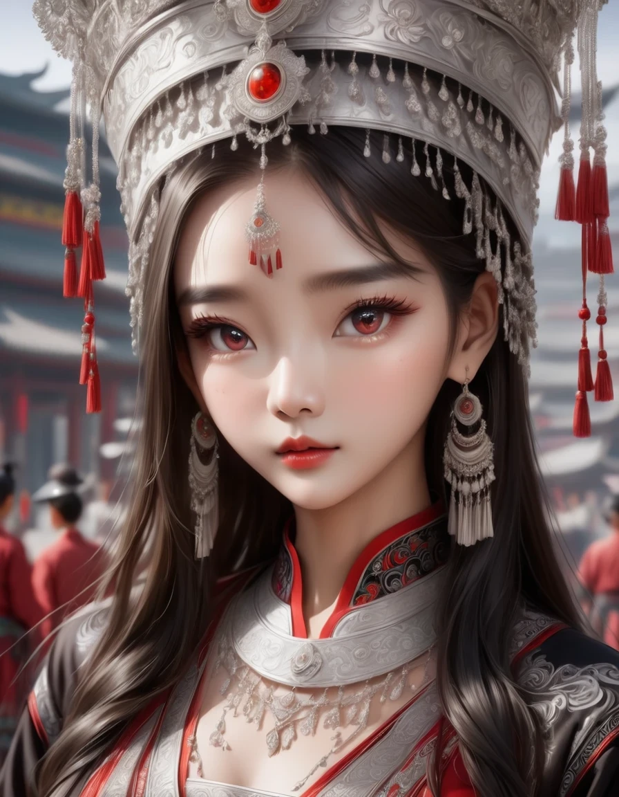 (best quality,8K,masterpiece:1.2),Astonishing,Gorgeous Chinese girl,Queen,Detailed skin details,Bright Eyes,Gorgeous eyelashes,standing alone,looking at the audience,minority:1.5,Silver jewelry:1.2,silver hat crown:1.5,silver tassel:1.37,silver necklace,Silver texture,brilho prata,Upper body,long sleeve,dark ethnic wear,long skirt:1.2,waist,Black and red linen fabric details,Characteristics of Miao costumes,totem)