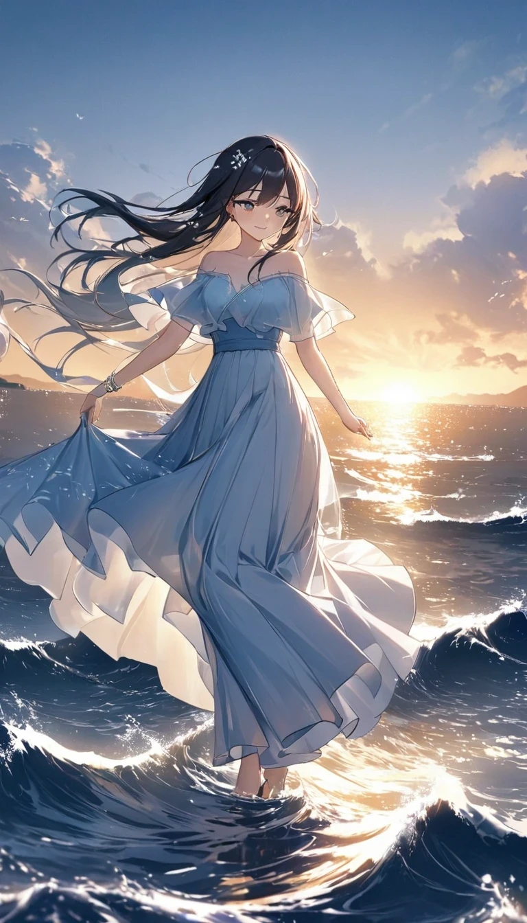 Dancing on the sea is a very beautiful scene，it includes waves、spray、girl、long skirt、Elements like wind and skyline。in this case，The afterglow of the setting sun shines on the sea，映衬着girl的身影。她穿着一条飘逸的long skirt，The sea breeze blows，Follow suit。
The waves gently lap at the shore，Make a pleasant sound。spray随着海浪的节奏跳跃，仿佛在为girl的舞蹈伴奏。girl轻盈地跳着舞，她的long skirt随风飘动，like a blooming flower。
The clouds in the sky were dyed golden by the setting sun，Reflecting the golden light on the sea。The distant skyline outlines a beautiful picture，Intoxicating。
