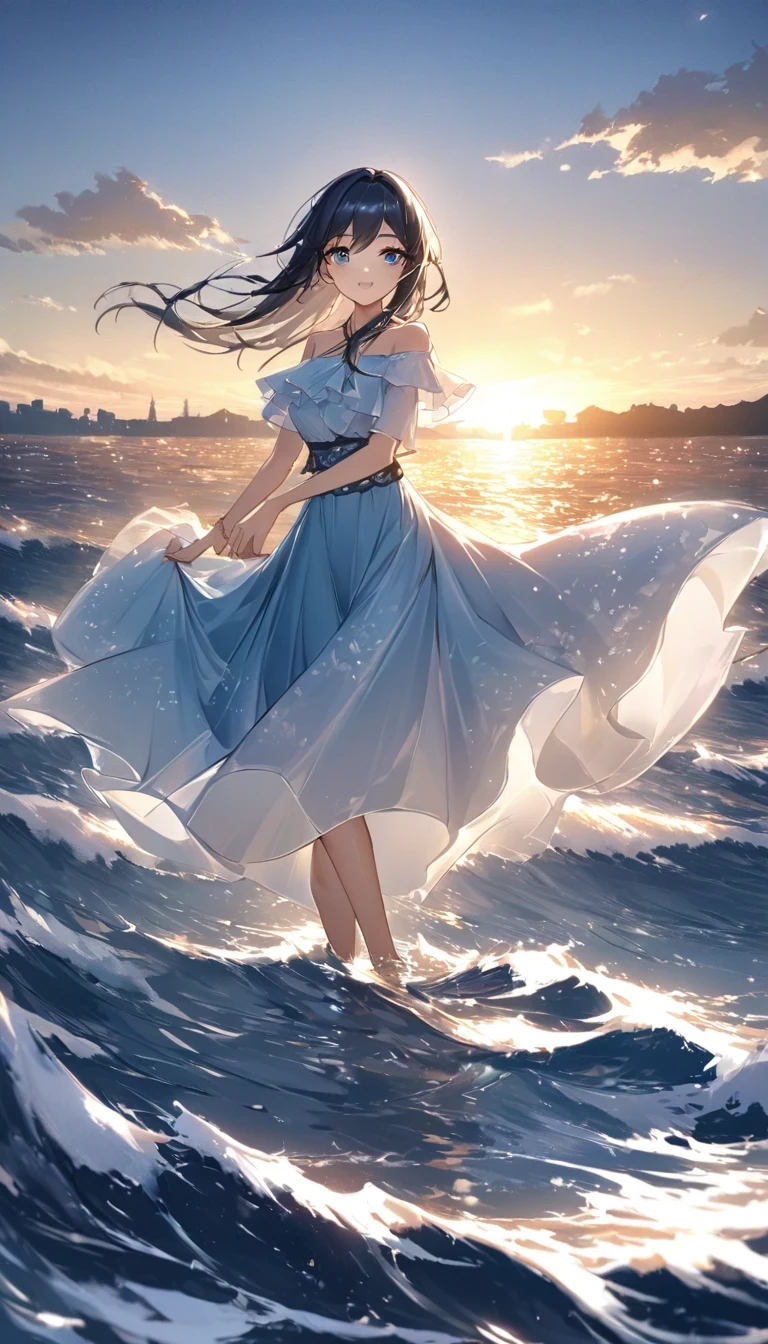 Dancing on the sea is a very beautiful scene，it includes waves、spray、girl、long skirt、Elements like wind and skyline。in this case，The afterglow of the setting sun shines on the sea，映衬着girl的身影。她穿着一条飘逸的long skirt，The sea breeze blows，Follow suit。
The waves gently lap at the shore，Make a pleasant sound。spray随着海浪的节奏跳跃，仿佛在为girl的舞蹈伴奏。girl轻盈地跳着舞，她的long skirt随风飘动，like a blooming flower。
The clouds in the sky were dyed golden by the setting sun，Reflecting the golden light on the sea。The distant skyline outlines a beautiful picture，Intoxicating。