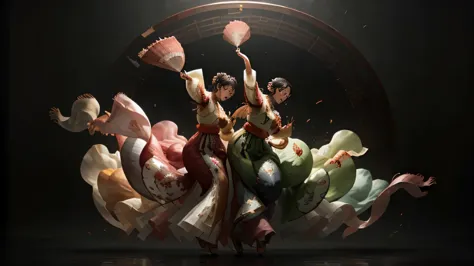 groupe de femmes dansant (Danse des éventails)  (robes traditionnelles coréennes: Hanbok)  danse traditionnelle coréenne (Bouche...